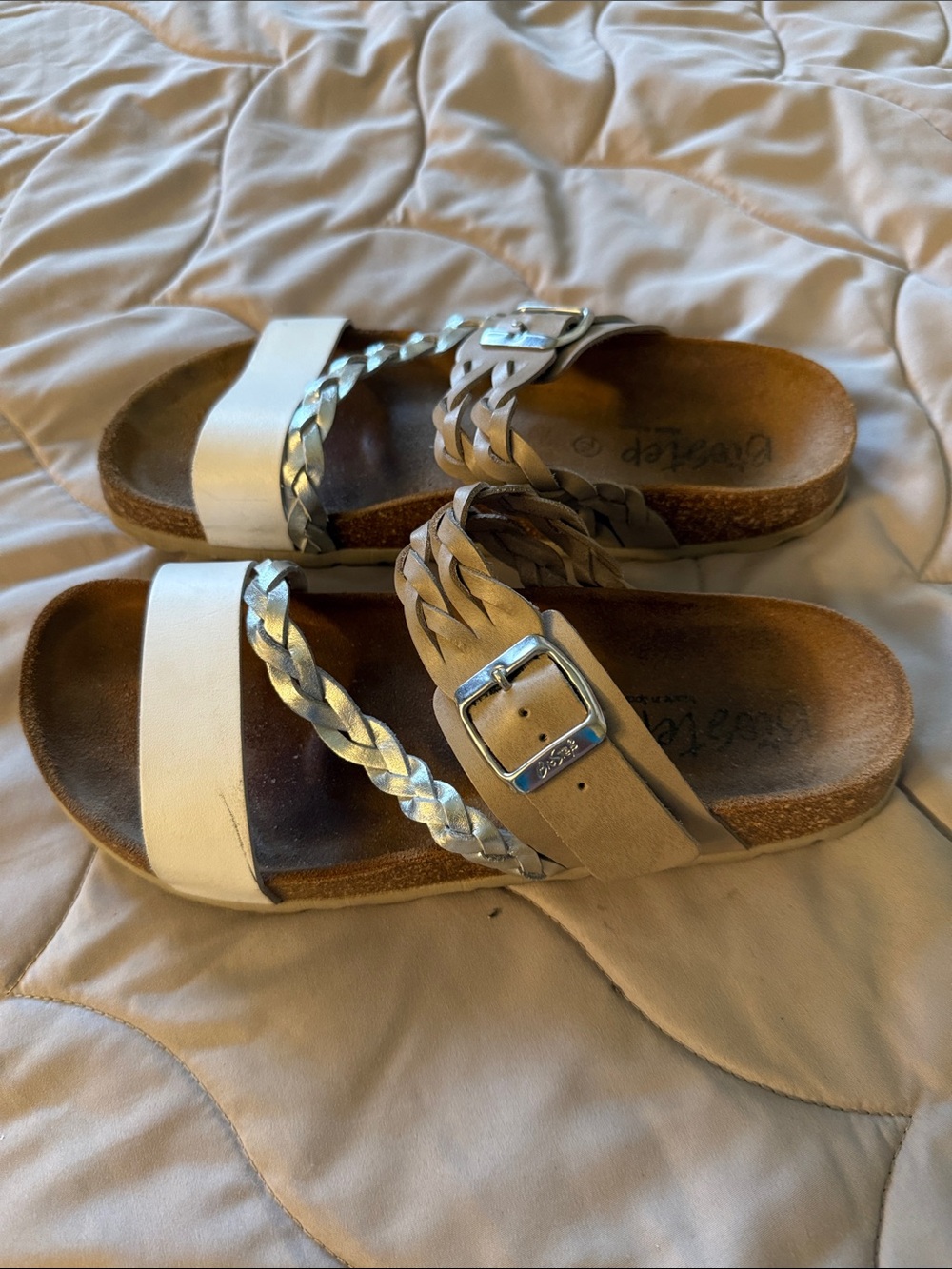 Women's Neutral & Silver Braided Slide Sandals with Buckle